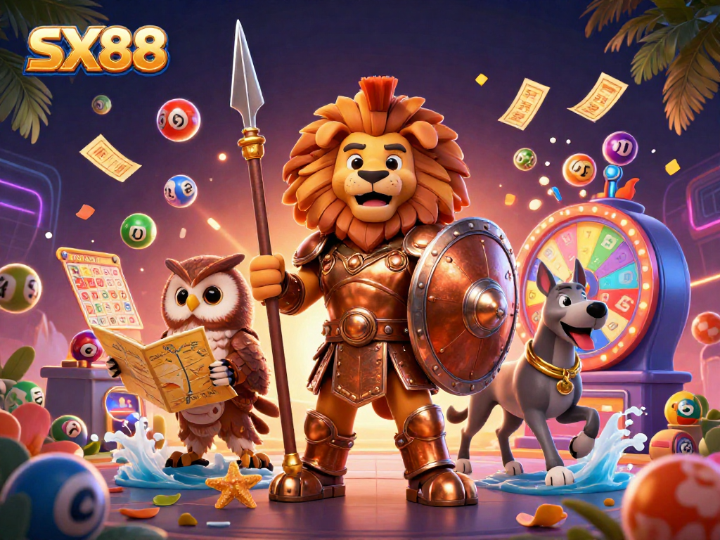 SX88 offers exciting lottery gameplay with vibrant visuals, showcasing dynamic characters and engaging elements.
