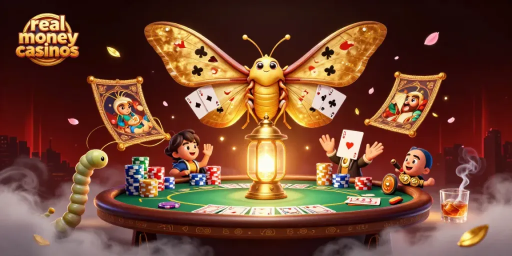 Win big at real money casinos with a vibrant 3D illustration of casino games and elements.