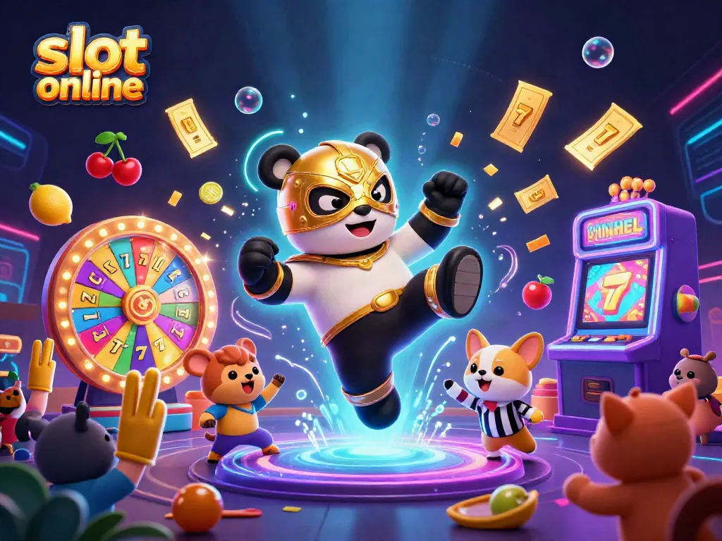 Engaging slot online scene featuring a 3D panda wrestler and chihuahua referee surrounded by lively casino elements.