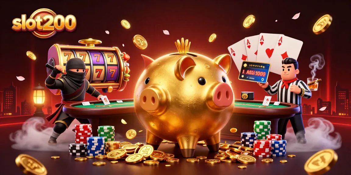 Engage in slot200 excitement with a dynamic scene of a piggy bank sumo wrestler, vibrant slot reels, and gaming elements.
