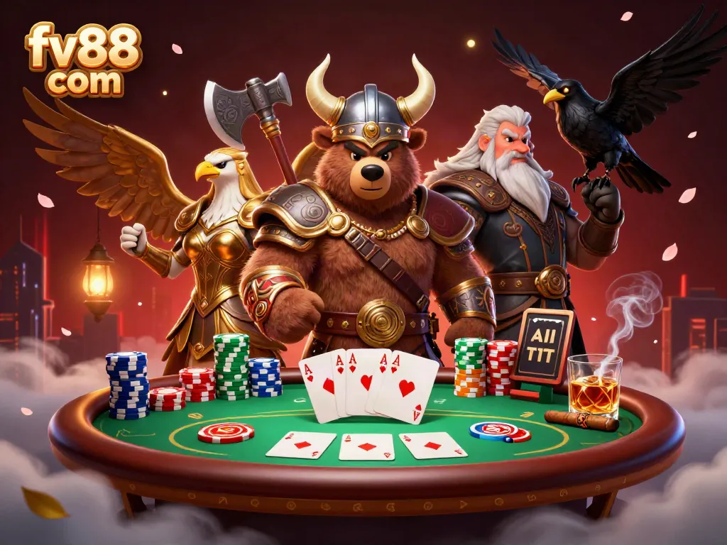 Engage with exhilarating casino action at fv88 com, featuring a Viking bear and Valkyrie eagle amidst vibrant poker elements.