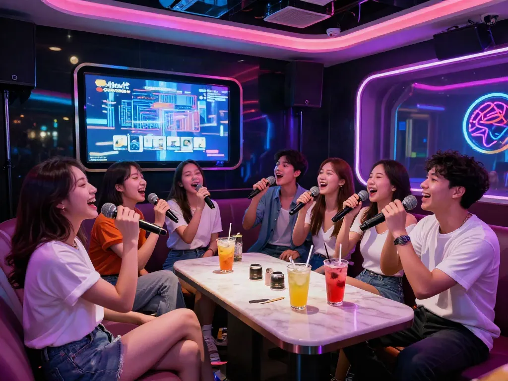 강남 달토에서 친구들과 함께 즐거운 노래를 부르는 모습, 투명한 정찰제 가라오케의 매력을 전합니다.