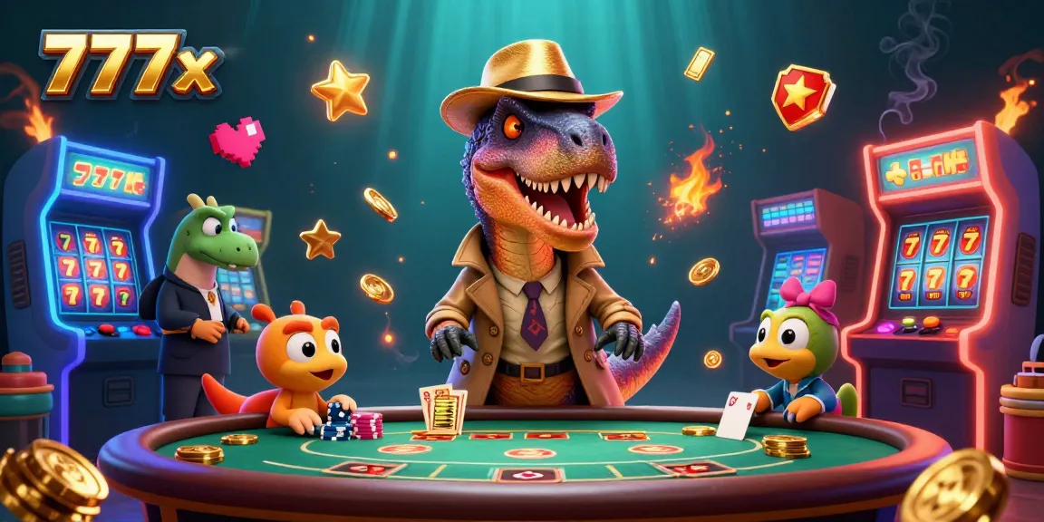 Engage with the action at 777x with a velociraptor card counter, stegosaurus pit boss, and thrilling casino elements.