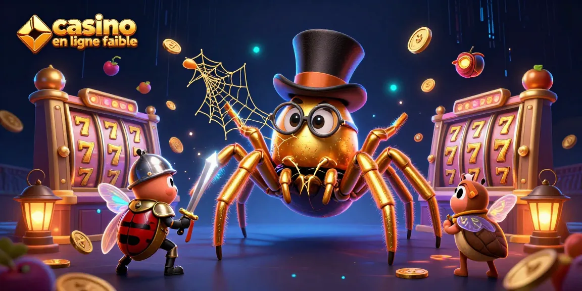 Une illustration dynamique de casino en ligne fiable avec une tarentule dorée et un chevalier scarabée, colorée et fascinante.