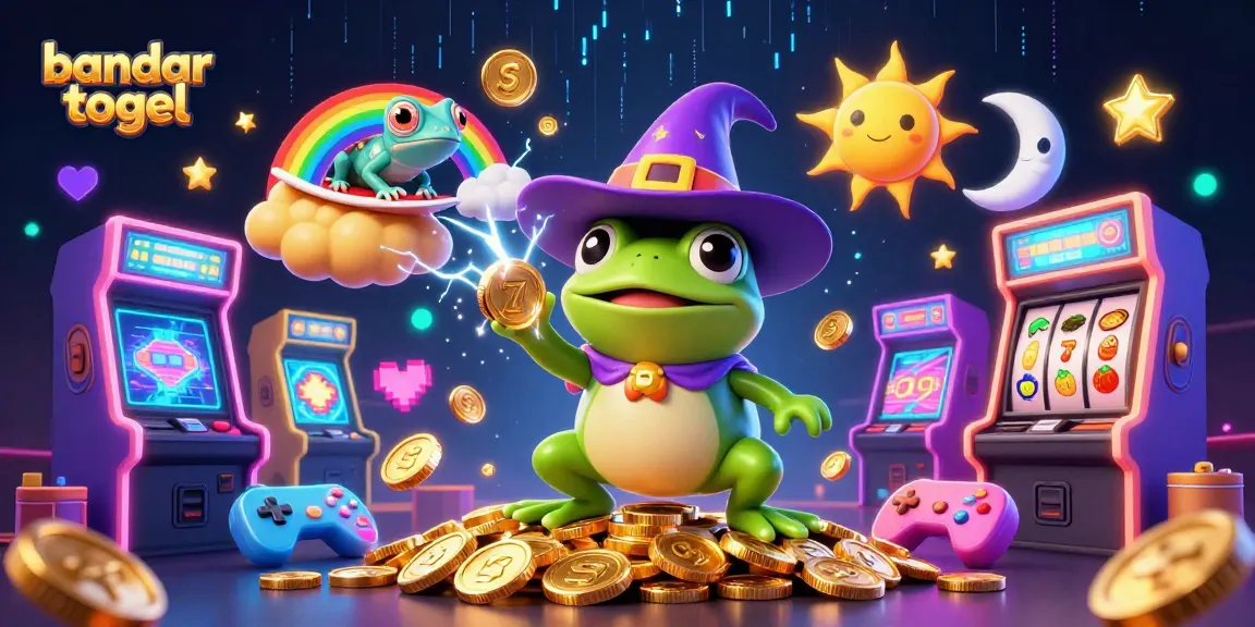 Engage in bandar togel excitement with a 3D wizard frog and colorful casino elements.