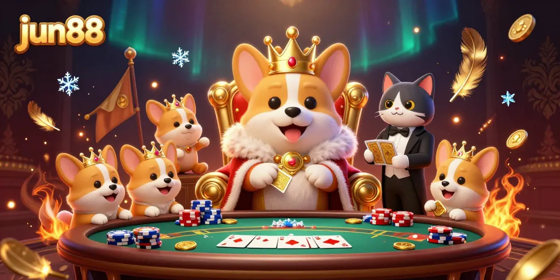 Experience the excitement of jun88 with a royal corgi and poker-themed elements in this vibrant scene.