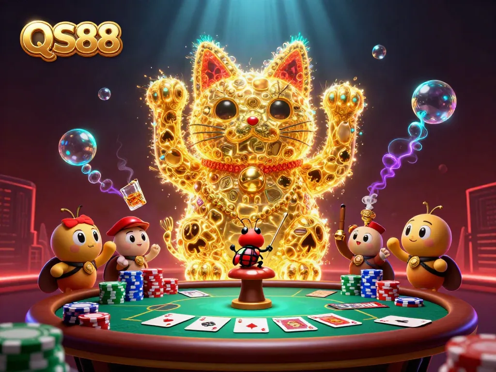 Experience the excitement of QS88 with vibrant poker action and a dynamic lucky cat illustration.