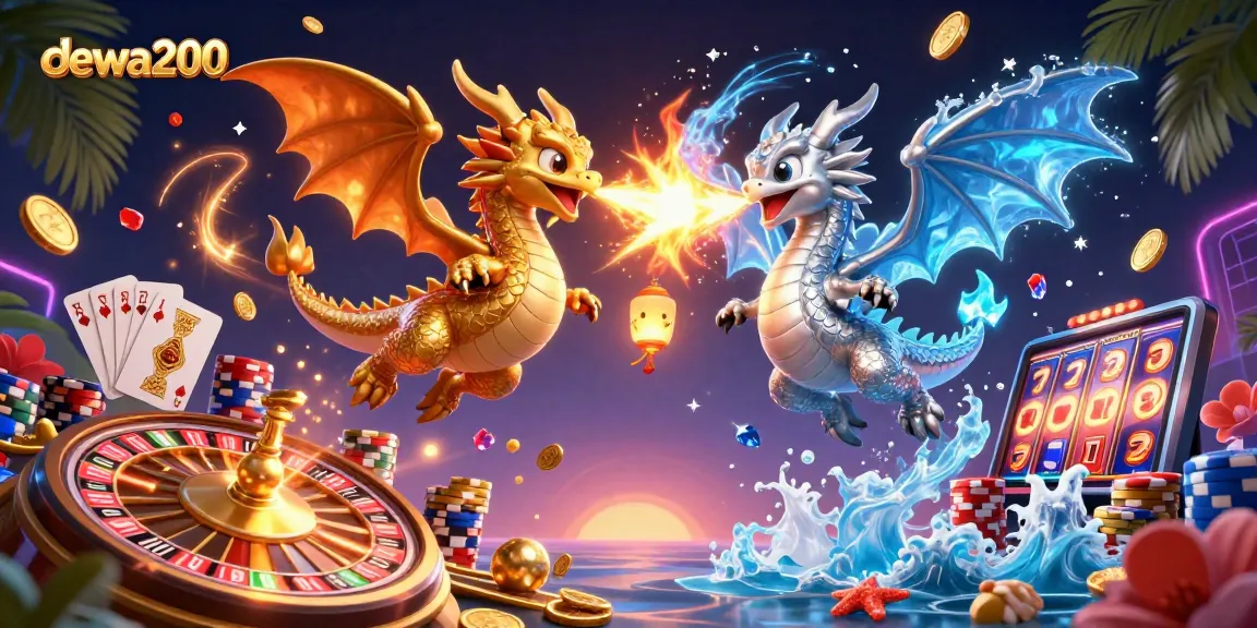 Mainkan permainan slot menarik di dewa200 dengan ilustrasi dua naga berwarna emas dan perak.