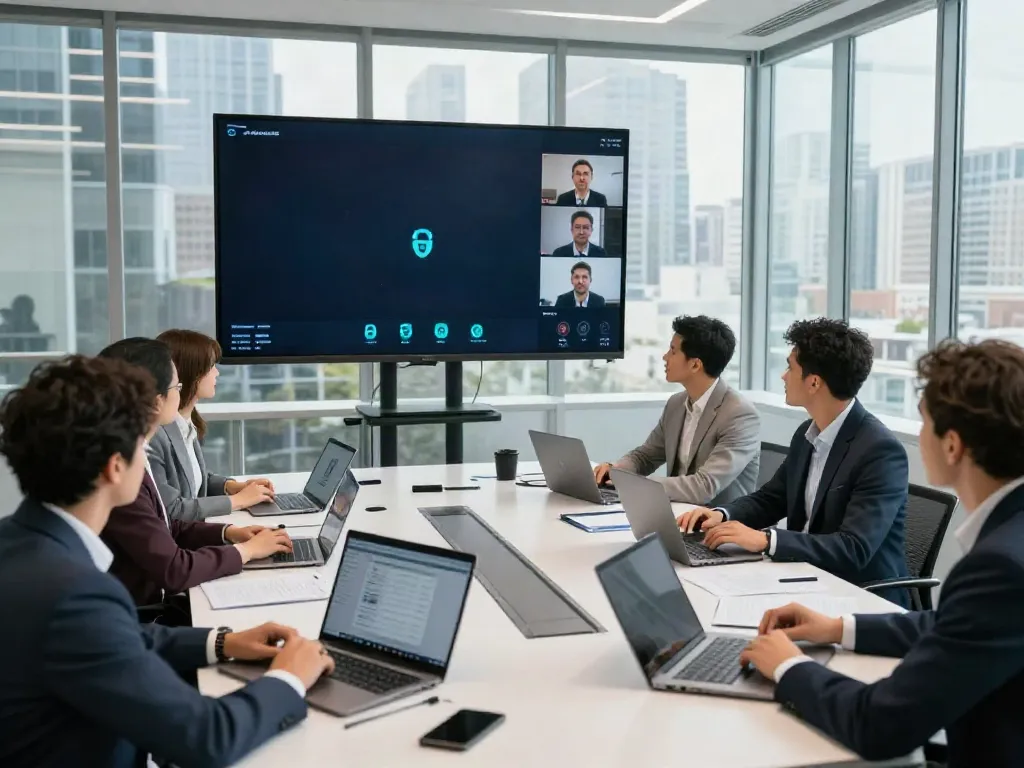 Deepfake protected Conferencing meeting with diverse professionals utilizing secure video technology.
