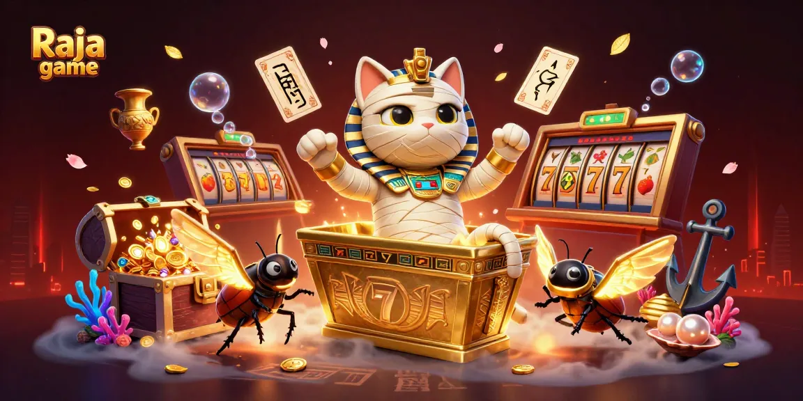 Experience exciting moments with Raja game in a vibrant casino scene featuring an Egyptian mummy cat.