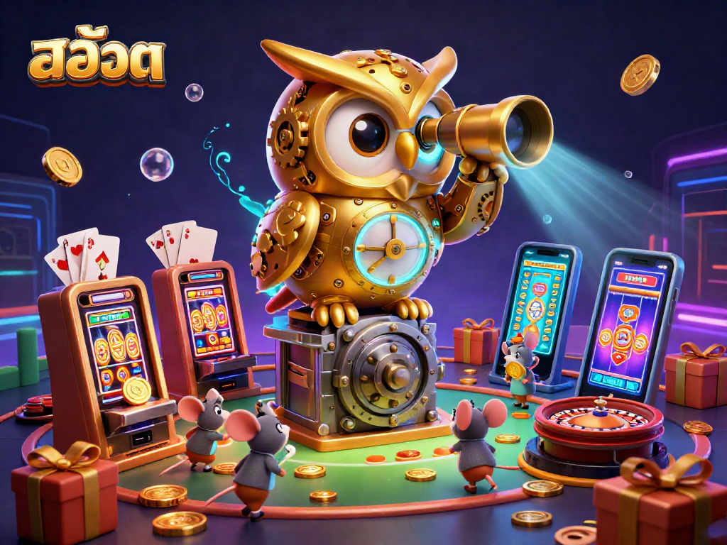 Engage with exciting สล็อต games featuring a golden owl, slot machines, and vibrant casino elements.