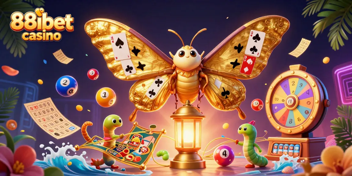 Experience the excitement of 88ibet casino with vibrant lottery elements and a dazzling moth character.