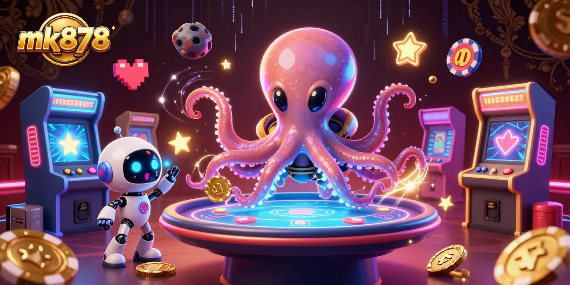 mk878 - Engage in exciting gameplay with a vibrant 3D octopus at a holographic poker table.
