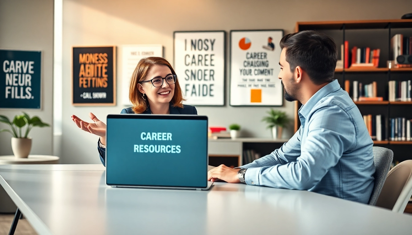 Career coaching session with a professional coach guiding a client in a modern office.