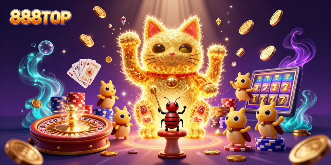 Experience luck at 888TOP with a vibrant casino-themed 3D illustration showcasing a lucky cat and more.