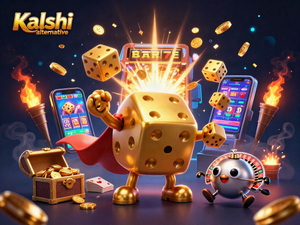 Kalshi alternative promo scene showcasing a golden dice golem and jackpot excitement.