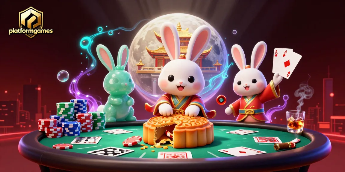 Play poker and win with platformgames in a vibrant 3D casino scene featuring a moon rabbit.