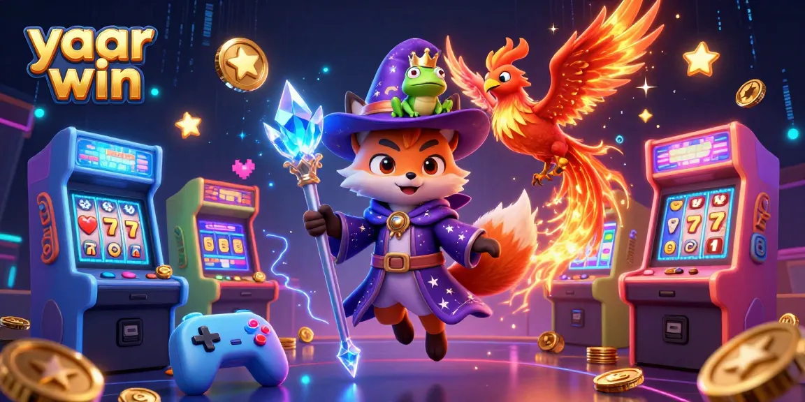 Experience the excitement of yaar win with a vibrant 3D casino scene featuring magical characters and slot games.