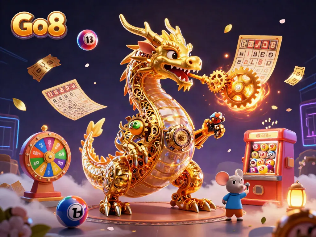 Engage in thrilling games at Go8, featuring a golden dragon and colorful lottery elements.