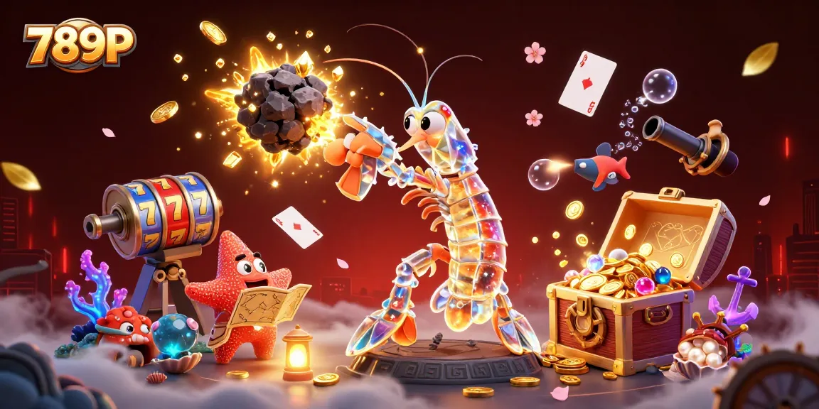 Experience the excitement of 789P with a vibrant illustration of a galactic samurai mantis shrimp in a dynamic casino scene.