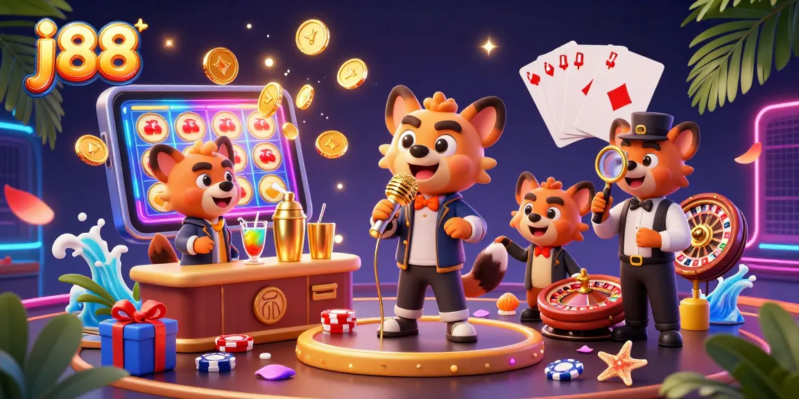Experience the lively j88 comedy casino with cartoon hyenas entertaining players and joyful slot game elements.