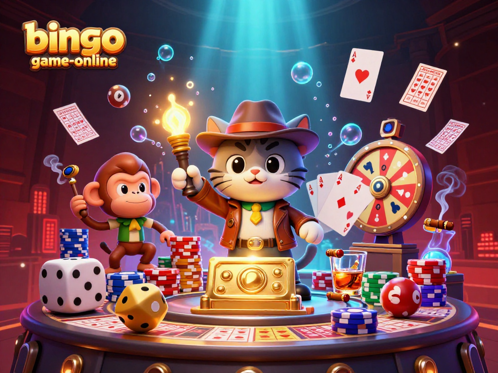 Bingo-game-online players enjoy thrilling moments amid colorful bingo cards and exciting game elements in a vibrant scene.