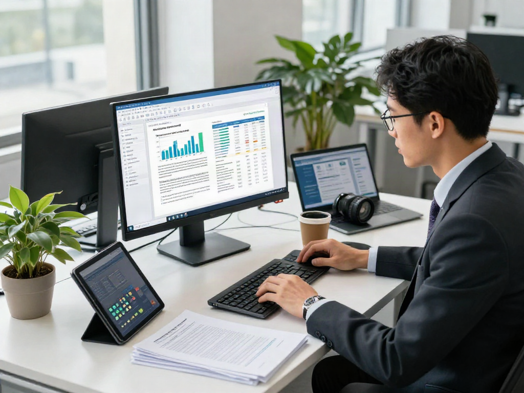 Data analyst reviewing document fraud detection software in a modern office setting.