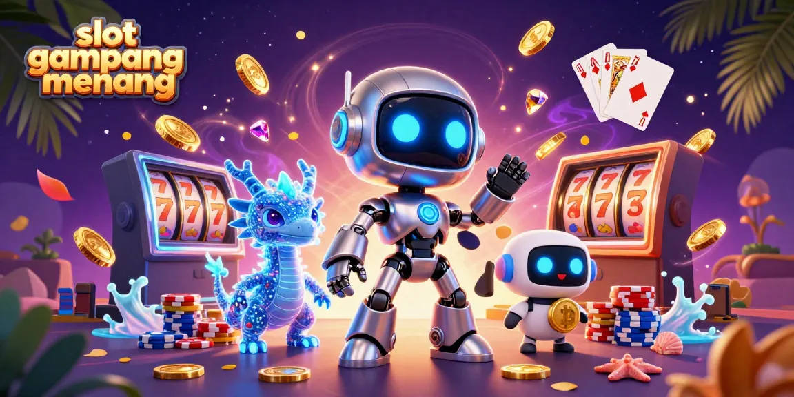 Spin to win with slot gampang menang featuring a robot, dragon, and bitcoin drone in a vibrant casino scene.