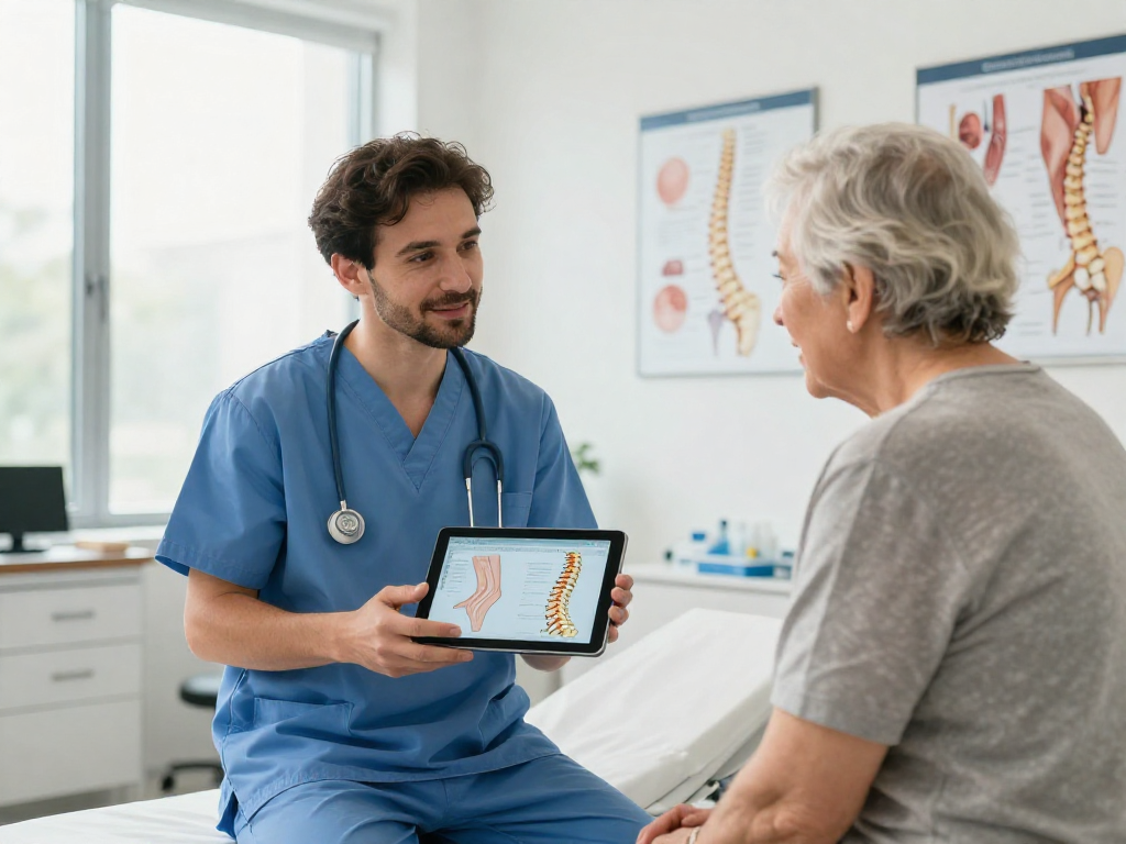 Compassionate surgeon explaining dar kanal ameliyatı to an elderly patient in a bright medical office.