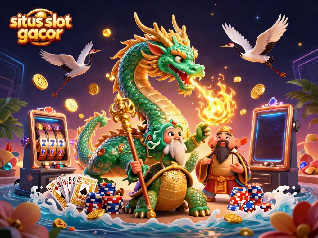 Situs slot gacor menampilkan naga giok, kura-kura bijak, dan bangau beruntung dalam suasana kasino yang gemerlap.