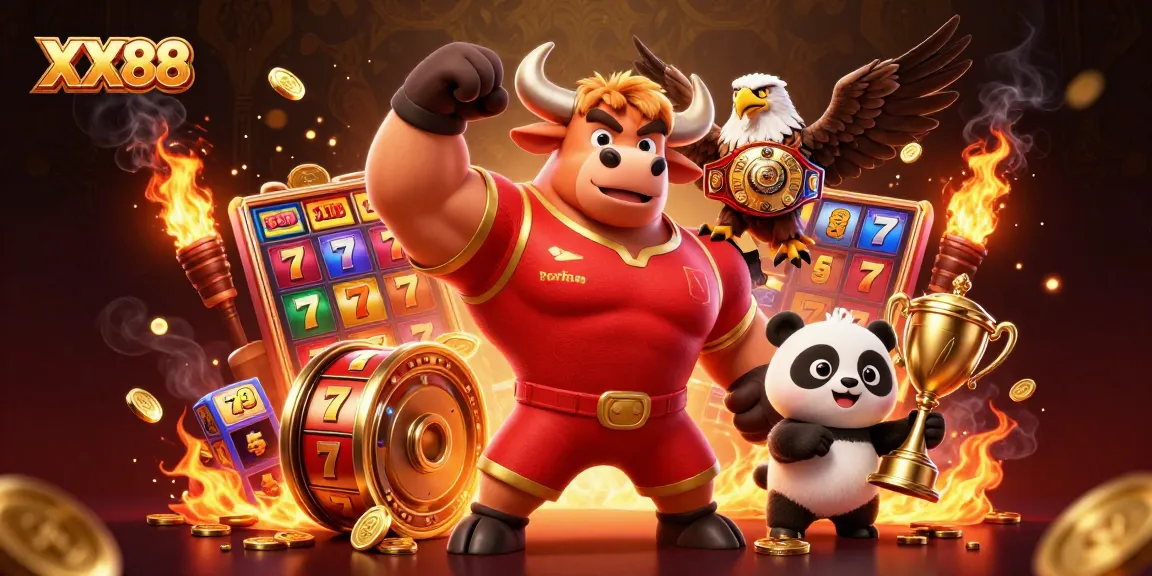 Experience the thrill of XX88 slots with a dynamic illustration featuring the golden trophy and joyful characters.