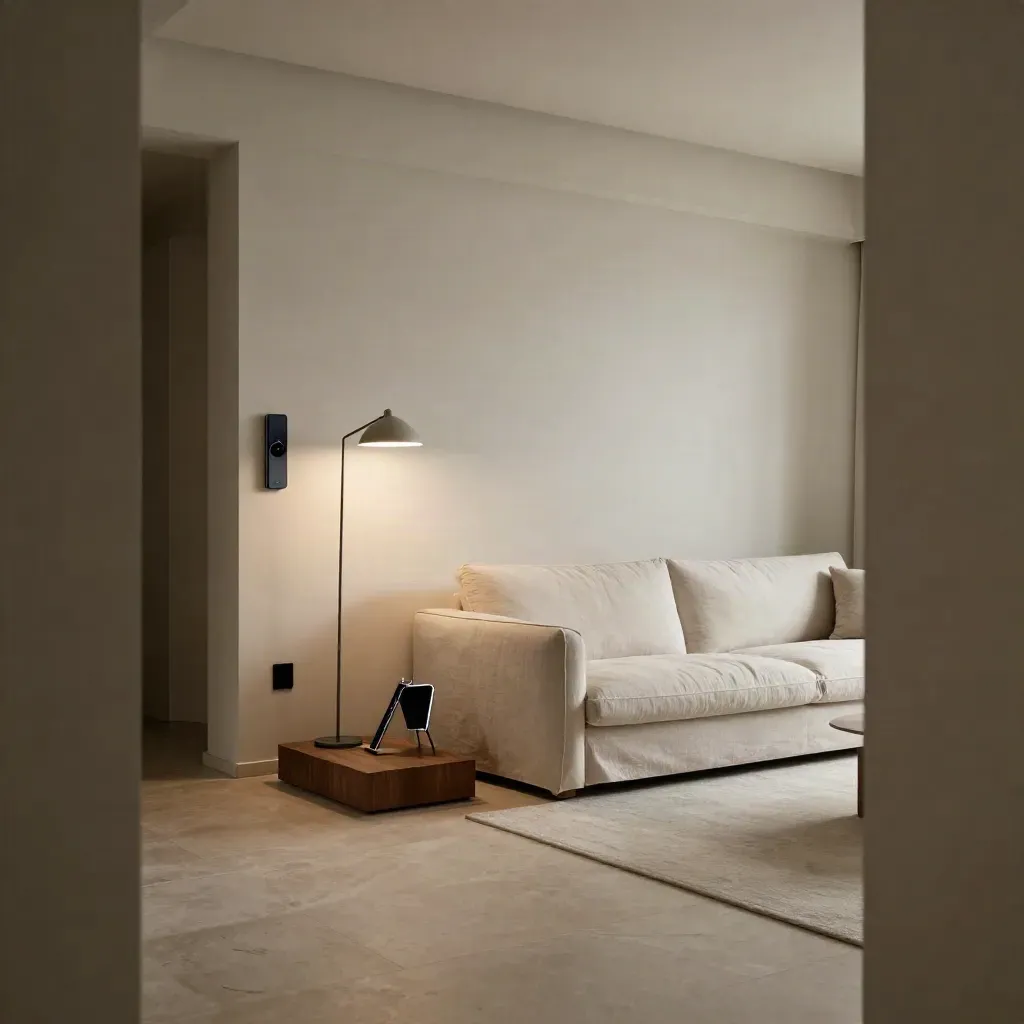 Empty show-home living room with tablet, smart door module and glowing floor lamp.