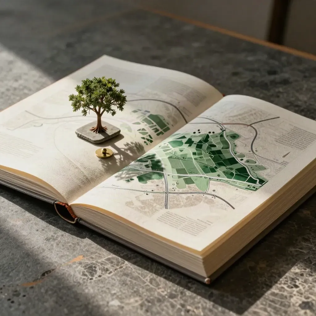 Open masterplan brochure with zoning overlay and tiny tree on stone slab.