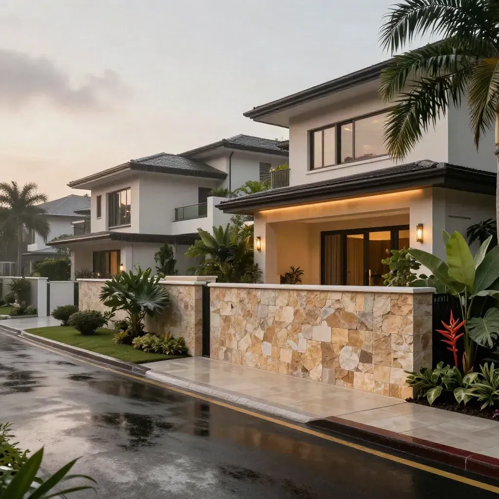 Rain-glossed Desa Permai show homes curve past a stone entry wall at dusk.