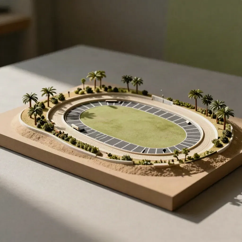 Miniature park model with jogging paths, parking bays and palm-like trees on a sand base.
