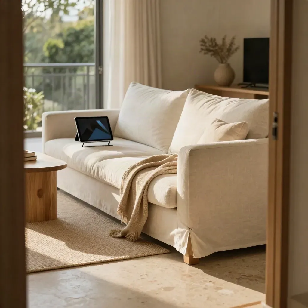 Show-home lounge with tablet stand, folded throw, and balcony view in warm afternoon light