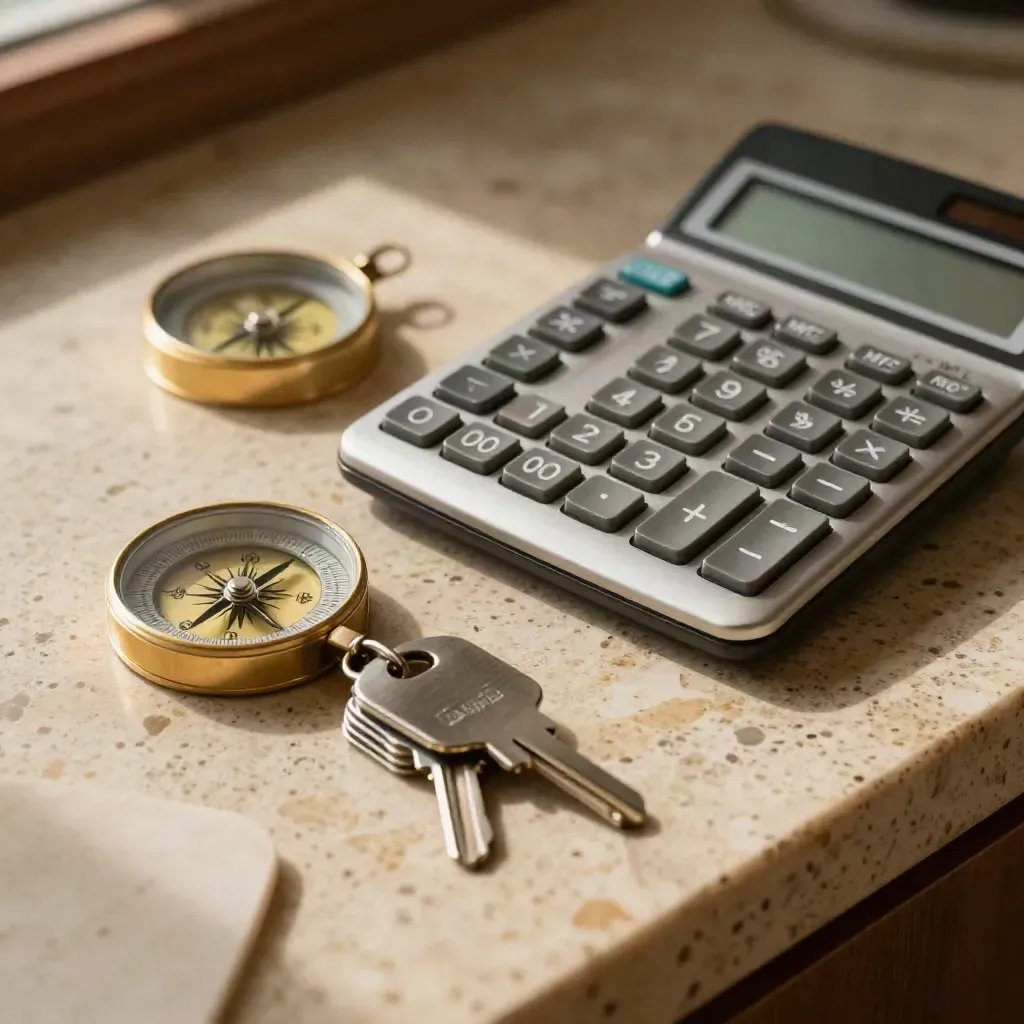 Macro still life of a calculator, compass, key tags and stone coaster on a travertine counter.