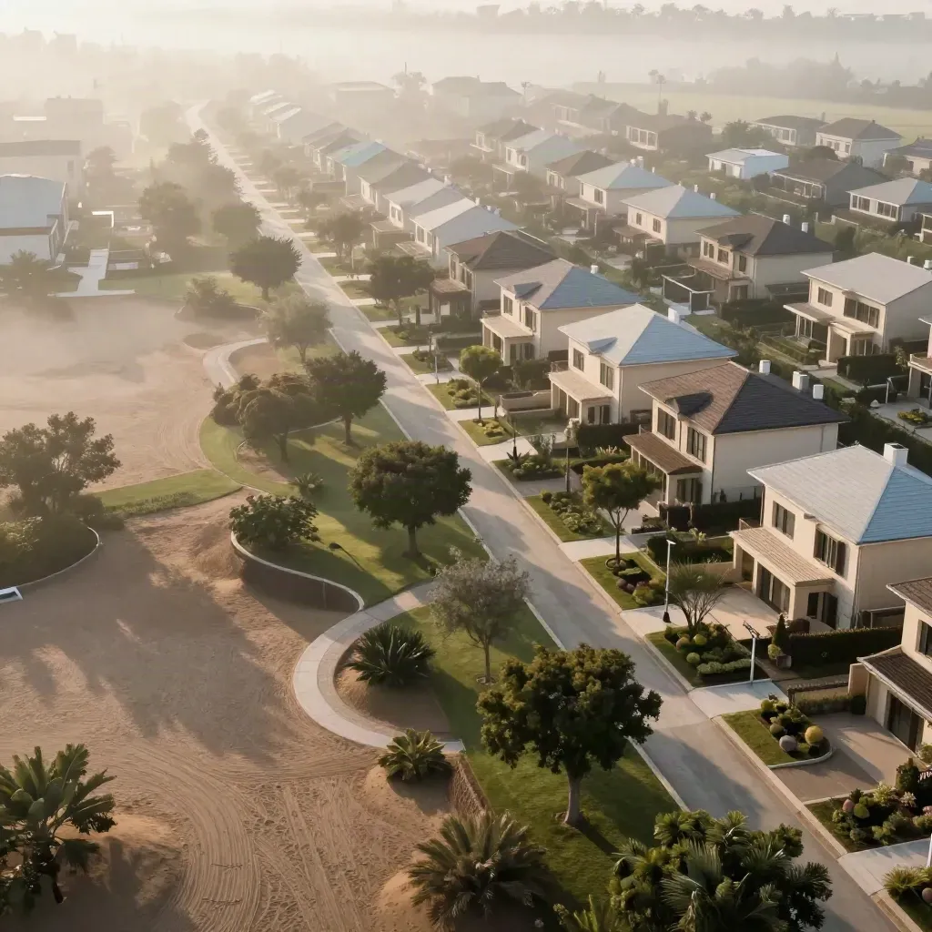 Elevated diagonal view of a misty green neighborhood spine with curving roads and low homes