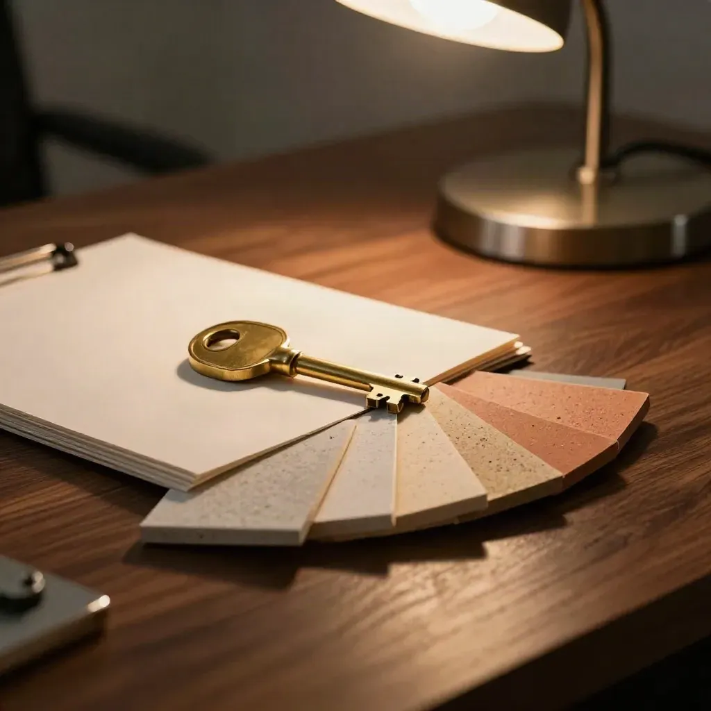 Brass house key on a property folder with sample chips on a walnut desk