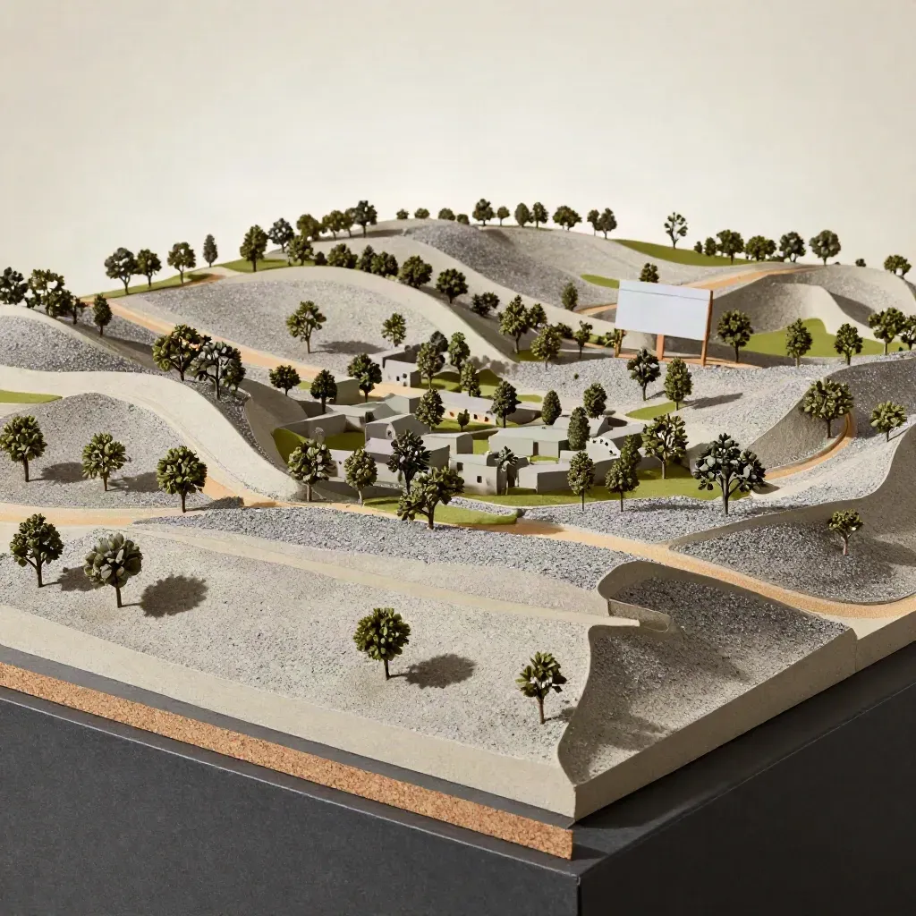 Terrain model with miniature trees and zoning pins on a planning base, lit by soft daylight.