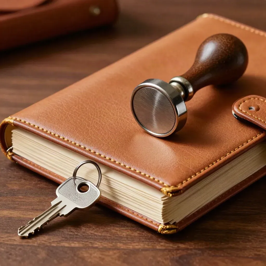Leather ledger, metal stamp, house keys, and stacked paper sleeves on a dark walnut surface.