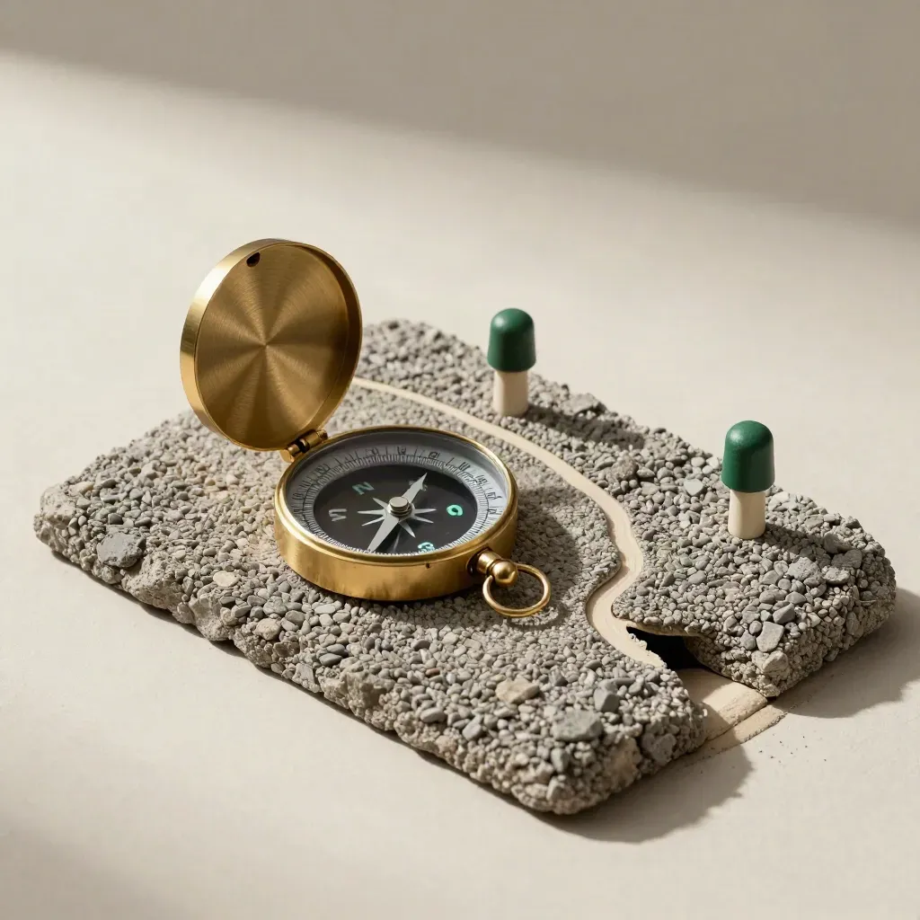 Brass compass, gravel path model, and green site pegs on a pale plaster board.