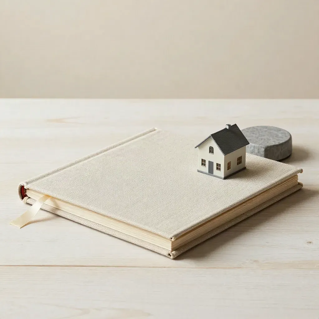 Linen folio, ribbon bookmark, tiny model house and stone paperweight on pale wood