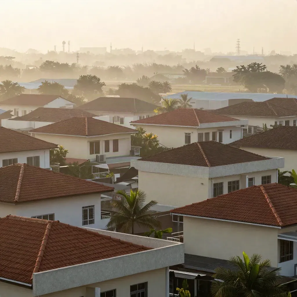 Hazy sunrise over townhouse roofs, palms and distant industry on the Tangerang plain.