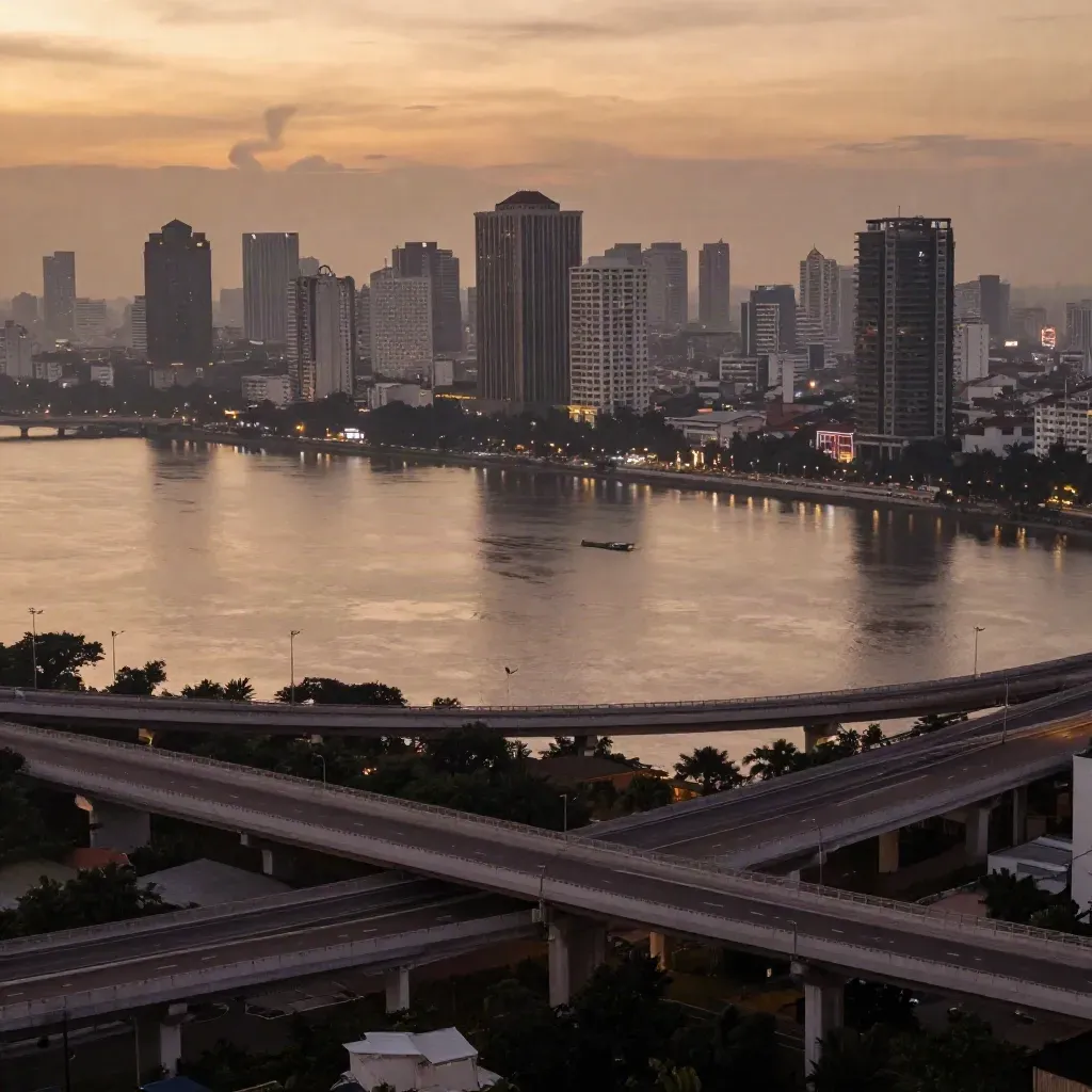 Golden dusk towers and flyovers over a hazy Jakarta river bend, open calm space below.