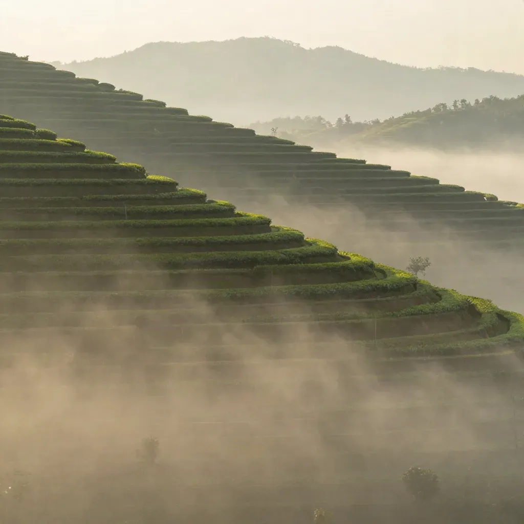 Terraced tea hills in dawn mist with a pale mountain horizon and open valley copy space