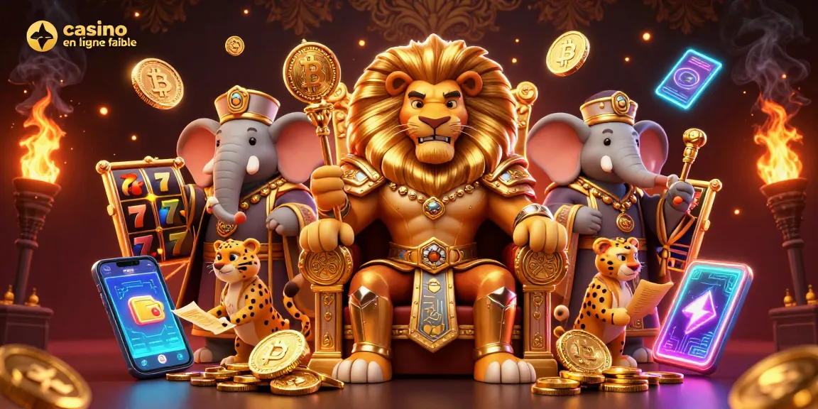Illustration 3D captivante de casino en ligne fiable avec un roi lion, un éléphant sage et un guépard messager, entouré d'éléments ludiques.