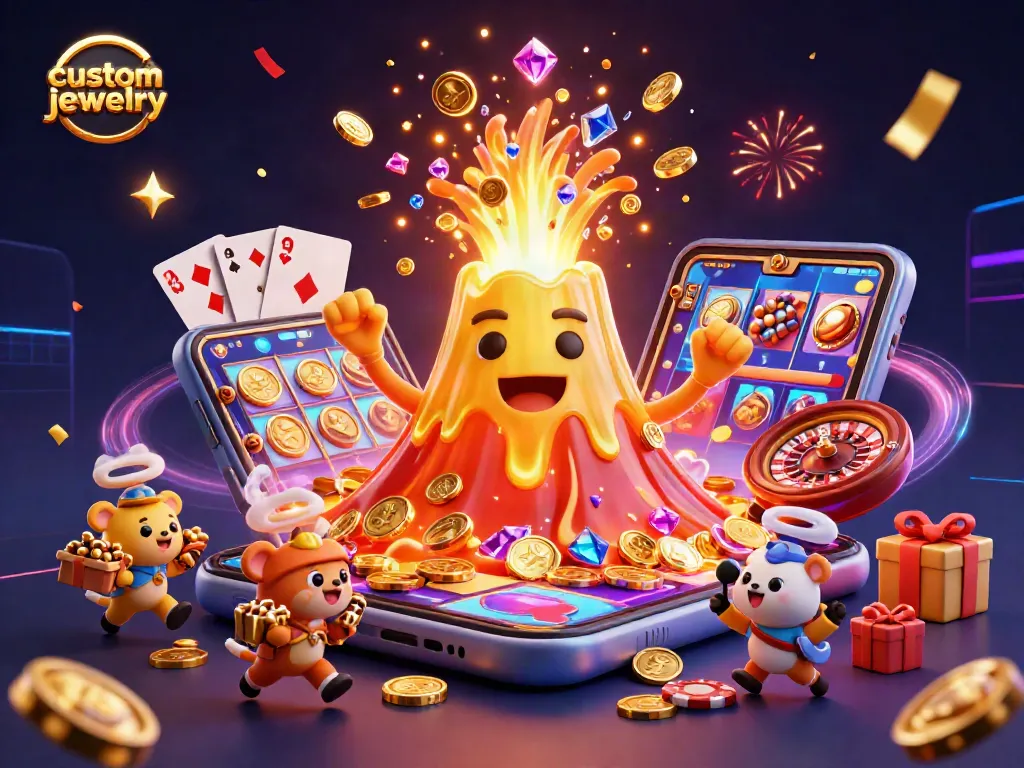 Experience custom jewelry with a vibrant scene of treasure-seeking animals and a volcano, encapsulating the thrill of winning.