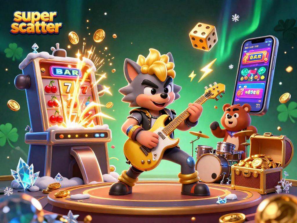 Experience the thrilling super scatter features in this lively casino scene, showcasing slot machines and dynamic characters.