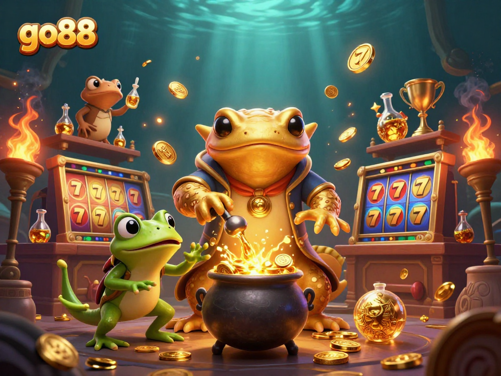 Experience go88's thrilling slots with a giant alchemist, frog apprentice, and golden treasures